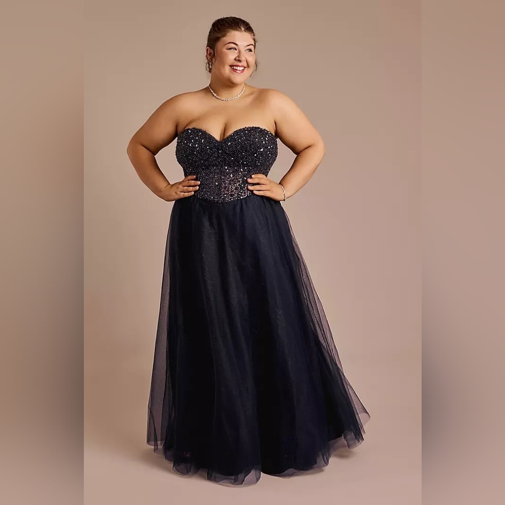 Sequined Strapless Navy Midnight Blue Ballgown WITH POCKETS!